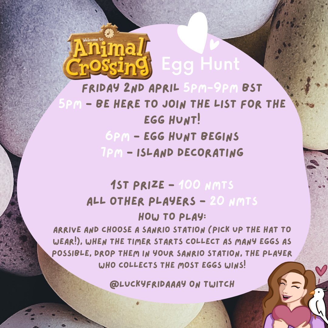 luckyfridaaay's tweet photo. Here's what's happening on tomorrow's stream - to celebrate spring and choccy eggs - we're having an ACNH EGG HUNT🥚🐤 I have 6 spots to play so be in stream from 5pm BST to secure a spot (egg hunt starts at 6pm!) #acnhgames #acnhstreamer #twitchstreamer https://t.co/SX4IpXNUxU