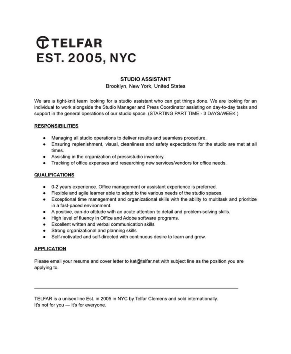 nicokartel's tweet photo. telfar is looking for a part-time studio assistant. send all inquiries to my girl kat. <3 https://t.co/xz4wYHi7W4