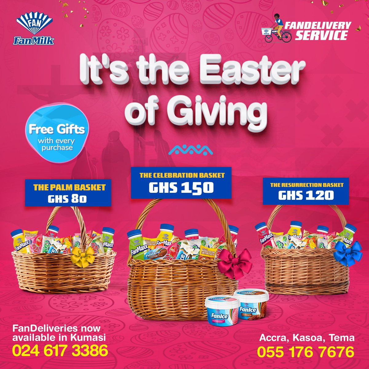 FanChocoGhana's tweet photo. This Easter is for giving! Get a free gift with every FanDelivery order all month long. 

FanDeliveries is now available in Kumasi in the following areas;
Ejisu
Abuakwa
Bohyen
Kronum Afrancho
Kokoben
Edwin

Order in Kumasi on 0246173386 and in Accra on 055 176 7676. https://t.co/LC8WVEDAJN