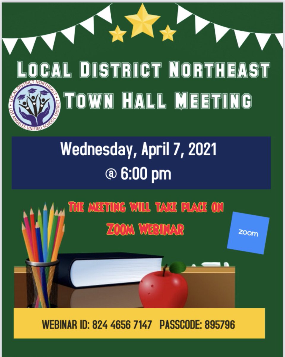 LDNESchools's tweet photo. Join us for our April Town Hall next Wednesday at 6pm. We will be discussing Return to Campus and LCAP. @Kelly4LASchools @ScottAtLAUSD https://t.co/6kk2mtlwTF