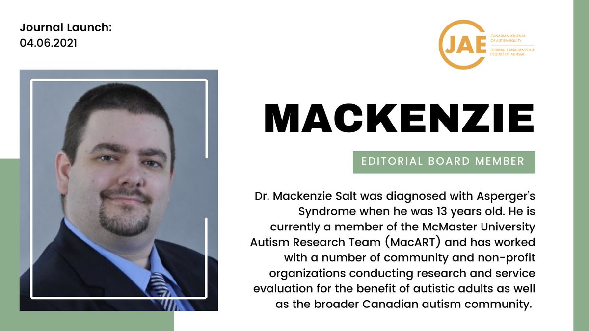 Register Now for the CJAE Journal Launch. Dr. Salt is a current member of MacART &amp; has worked with a number of community &amp; NPOs conducting research and service evaluation for the benefit of Autistic adults as well as the broader Canadian autism community. bit.ly/3rI7Qzm