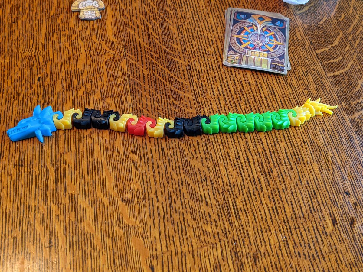 mrsaug's tweet photo. First play of Coatl with @MFGCast today. He snuck up and finished his last Coatl leaving me in the dust.
#boardgames #iloveboardgames #handmanagement #setcollection #patternbuilding https://t.co/qpb6CEn65g