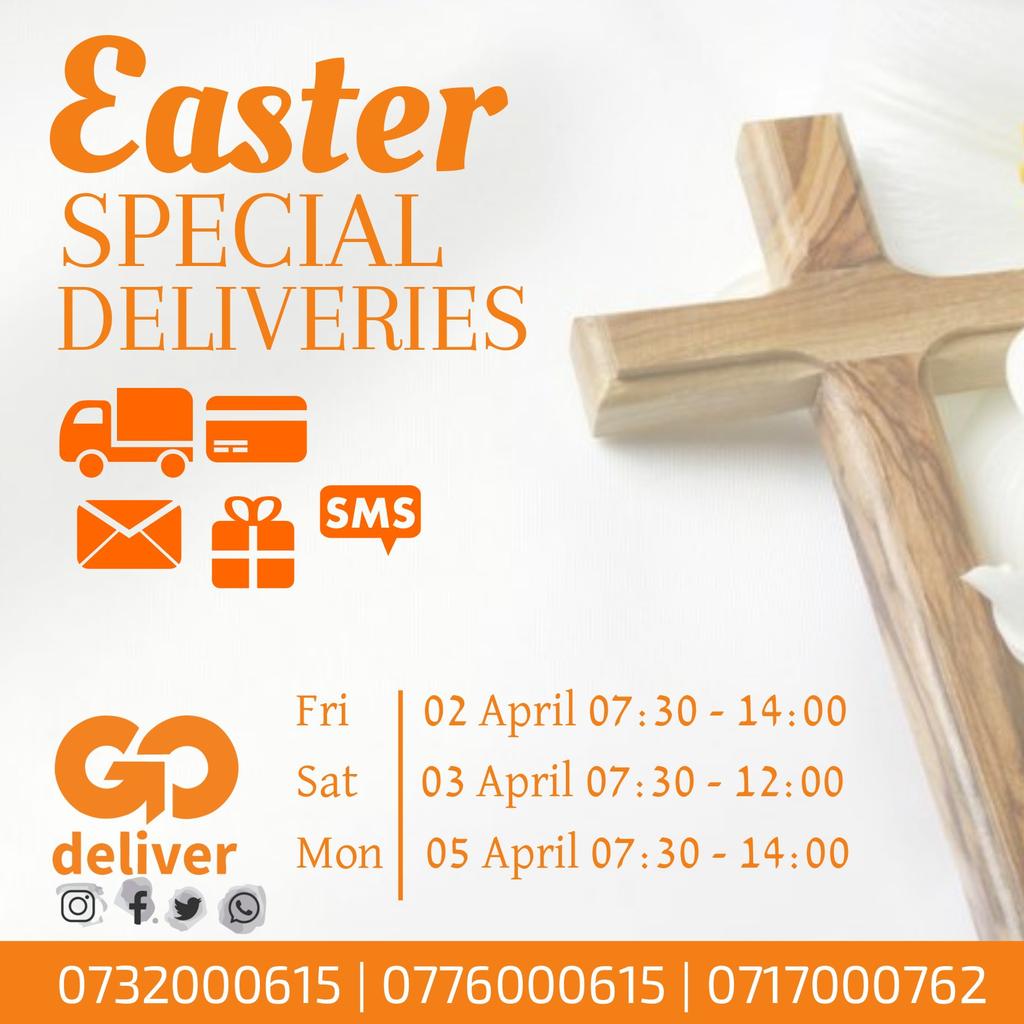 deliver_go's tweet photo. Hi all. We're open this Easter holiday! Our hours are slightly different but we're still here to help.

We hope you enjoy your easter holiday. Stay Connected.

#godelivery #weareopen #Easter2021 #Easter https://t.co/i0MRmqy8HD