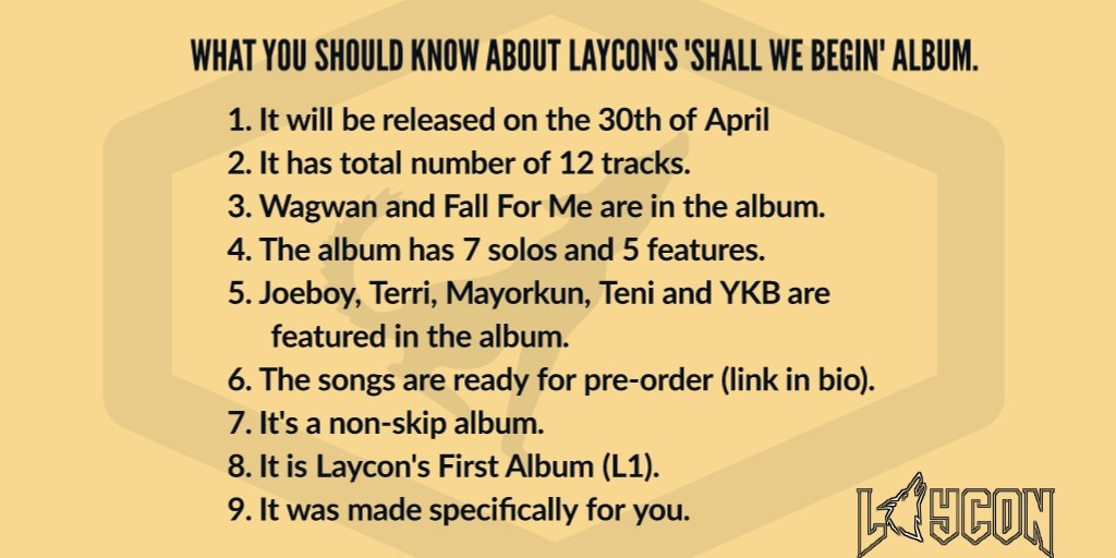 sodustrends's tweet photo. Laycon is set to release his album "Shall We Begin" on the 30th of April.
#ICON
#Icons
#itslaycon
#ShallWeBegin
#LayconAlbum https://t.co/Rn9GRGHUdp