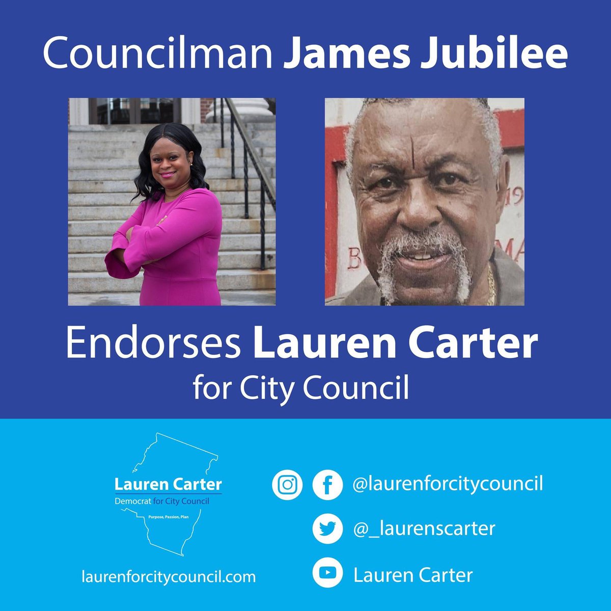 I am pleased to have the support of former Councilman James Jubilee who promoted quality of life initiatives just as I seek to promote when I am elected to the city council! #cmvny #JewelofWestchester #mountvernonny #VoteLaurenCarter #endorsement