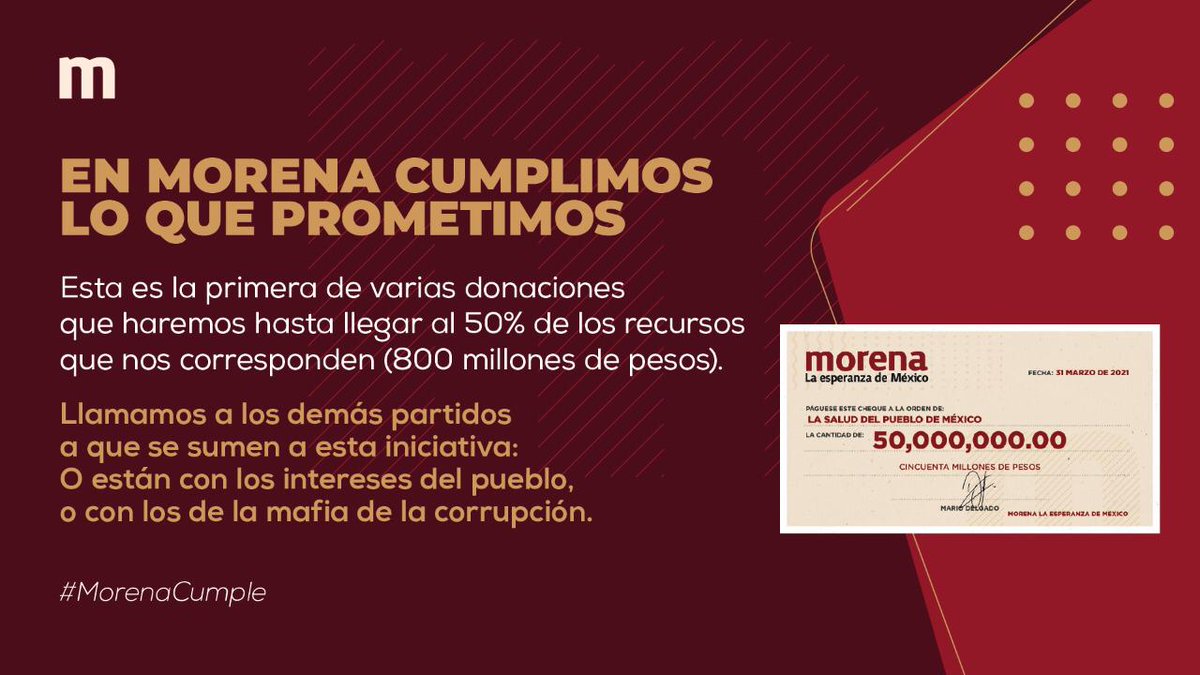Trabajar para beneficio del pueblo mexicano ha sido nuestra premisa y lo estamos demostrando al realizar varias donaciones para la compra de vacunas. ¿Otros se animarán a demostrar ese compromiso? #Morenacumple