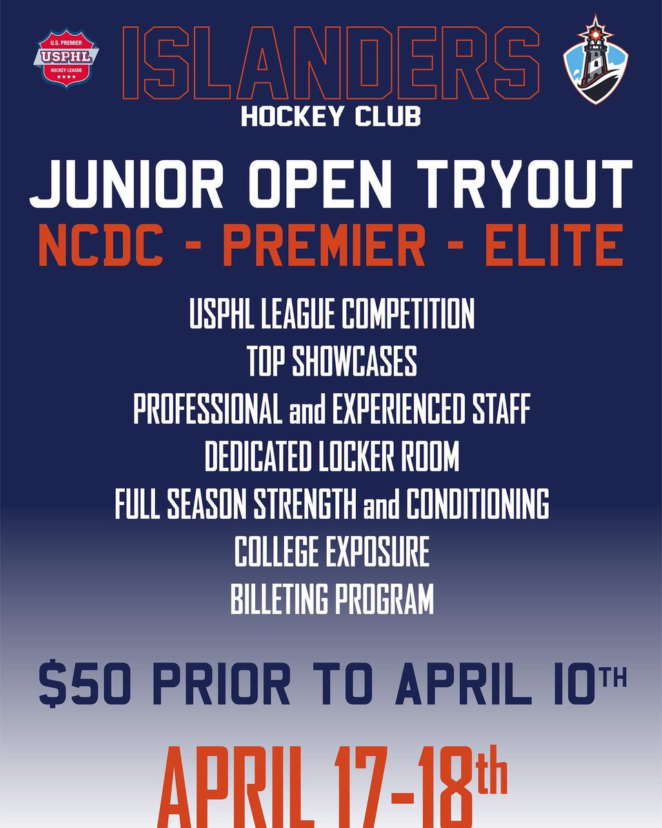 islandershc's tweet photo. 🚨Registration Now Open🚨

#islesnation Junior Open Camp

👉 Spots available for #NCDC - #USPHLPremier - #USPHLElite

👉 April 17-18 @ Merrimack College

👉 Register before April 10th for just $50

🔜 https://t.co/ua6TPC1gEF https://t.co/FO0eHbKQo7