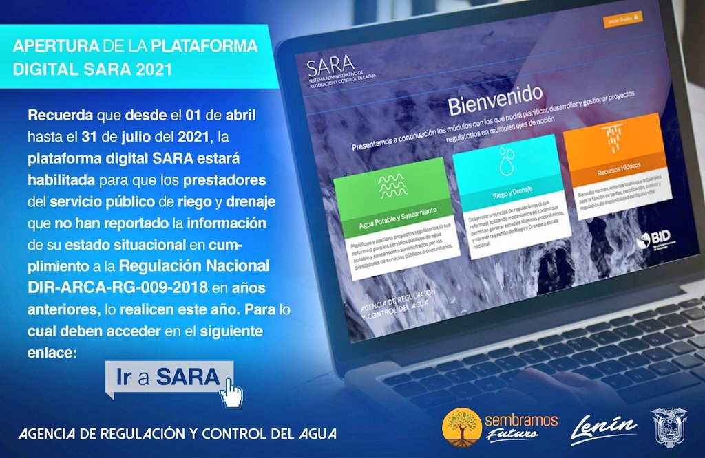 Reg_aguaEc's tweet photo. APERTURA DE LA PLATAFORMA DIGITAL SARA 2021

Para mayor información puedes  acceder al siguiente enlace:
https://t.co/I600SfFMJ1 https://t.co/wYfhQJoPRn
