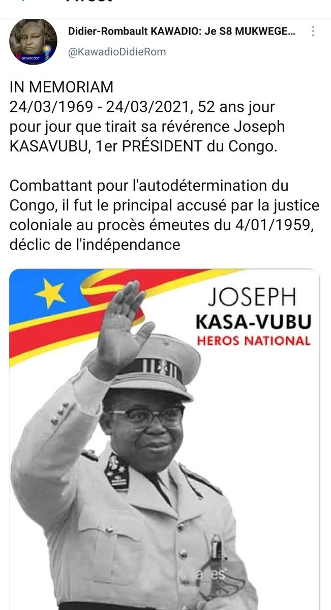Didier-Rombault KAWADIO:JS8 BUNAGANA,GOMA,BUKAVU (@kawadiodidierom) on Twitter photo <a href="/Miangekonde/">Mimi Angèle Konde</a> <a href="/AssomarRDC/">Cyrille @assomar</a> <a href="/CharlieMingiedi/">Charlie.J Mingiedi Mbala</a> <a href="/DMukokoSamba/">Daniel Mukoko Samba</a> <a href="/Olivier_Dians/">Olivier Diansosa</a> <a href="/MAITREHILARION/">MAITRE HILARION</a> <a href="/juvenalmunubo/">Juvénal MUNUBO</a> <a href="/belilunt/">Belinda Luntadila N</a> <a href="/rachmalundama/">Rach MALUNDAMA Pape Résistant✊🏿</a> <a href="/puela_al/">Al Fabrice Puela</a> <a href="/Kawadio/">Kawadio</a> Si les générations précédentes ont ignoré les valeurs du Pr KASAVUBU, la postérité réhabilitera ce grand personnage.
Du reste, si notre classe dirigeante ne revient pas aux valeurs(probité, redevabilité, respect d biens communs), la RDC ne se relèvera pas & pourrait disparaître <a href="/Miangekonde/">Mimi Angèle Konde</a> <a href="/AssomarRDC/">Cyrille @assomar</a> <a href="/CharlieMingiedi/">Charlie.J Mingiedi Mbala</a> <a href="/DMukokoSamba/">Daniel Mukoko Samba</a> <a href="/Olivier_Dians/">Olivier Diansosa</a> <a href="/MAITREHILARION/">MAITRE HILARION</a> <a href="/juvenalmunubo/">Juvénal MUNUBO</a> <a href="/belilunt/">Belinda Luntadila N</a> <a href="/rachmalundama/">Rach MALUNDAMA Pape Résistant✊🏿</a> <a href="/puela_al/">Al Fabrice Puela</a> <a href="/Kawadio/">Kawadio</a> Si les générations précédentes ont ignoré les valeurs du Pr KASAVUBU, la postérité réhabilitera ce grand personnage.
Du reste, si notre classe dirigeante ne revient pas aux valeurs(probité, redevabilité, respect d biens communs), la RDC ne se relèvera pas & pourrait disparaître