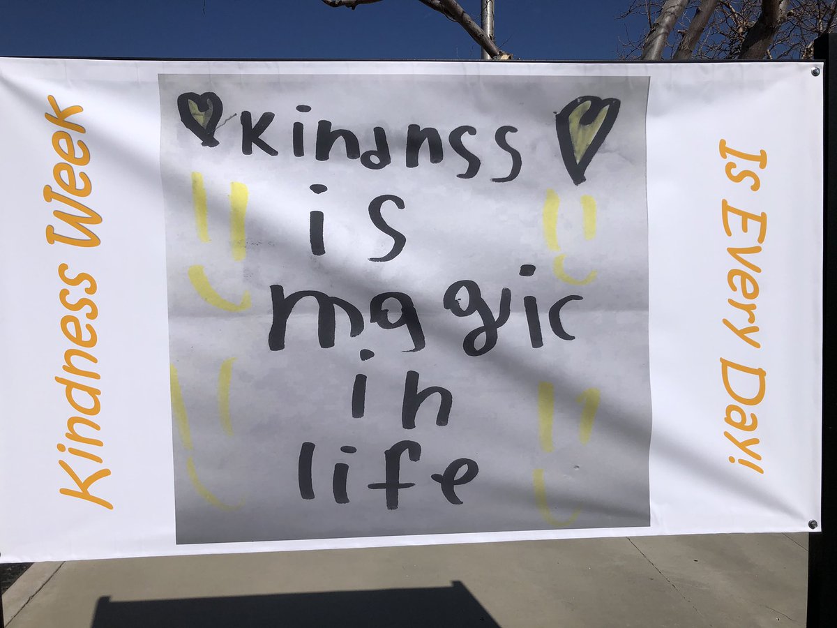 RHolmanSJUSD's tweet photo. A new month means new banners in front of the @SnowlineJUSD main offices! Our SL&amp;SS Department staff and one of our great @PhelanElem1 students represented our district-wide #kindness commitment very well! #ty #BetterTogether #WeAreSnowline @SnowlineKind https://t.co/XLrcfOhGr8
