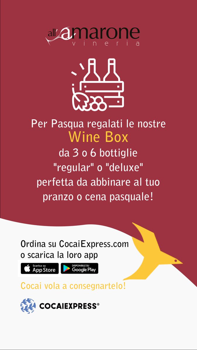 Per Pasqua regalati le nostre *Wine Box* da 3 o da 6 bottiglie "Regular" o "Deluxe". A #Venezia, te le porta #CocaiExpress!  Vai su cocaiexpress.com/food/all-amaro… o scarica la loro App dallo Store per saperne di più ed acquistare le nostre Box 🛒🍷