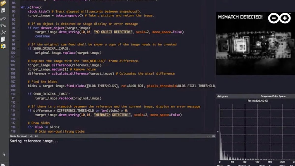 arduino's tweet image. During #ArduinoD21, Sebastian Romero demonstrated how to perform automated optical inspection using the Portenta H7 and Portenta Vision Shield LoRa with @openmvcam: bit.ly/3rJuBCE