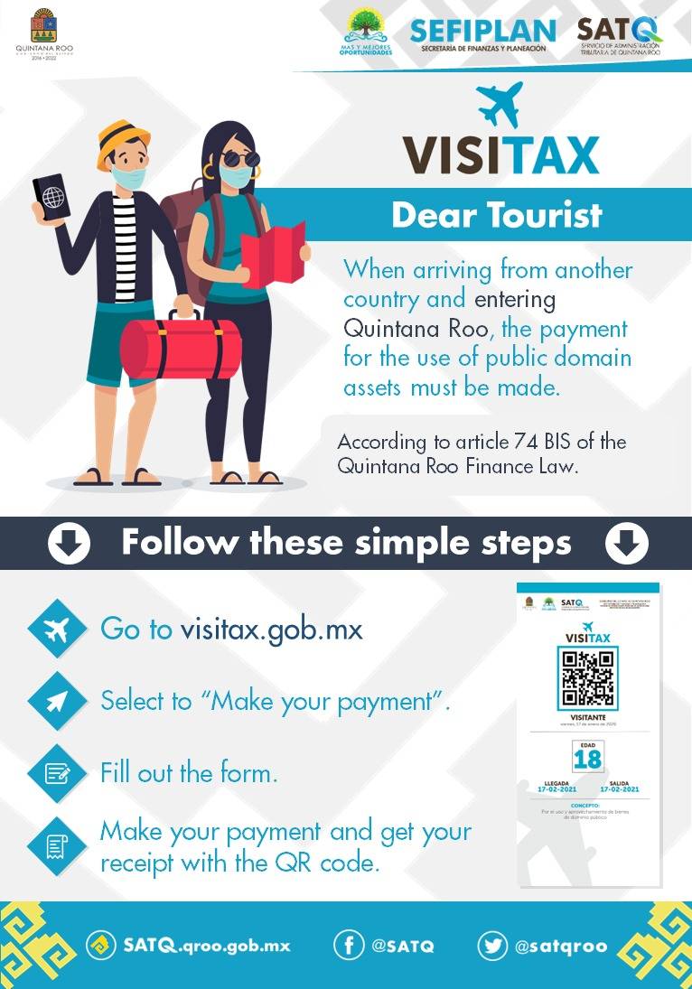 Dear foreign tourist, from this April can pay for the use of public domain assents before or during your stay in #QuintanaRoo, know the details and the steps to make your payment here 👇ow.ly/Lva730rD04c 

Read more. ow.ly/ZVzP30rD04b