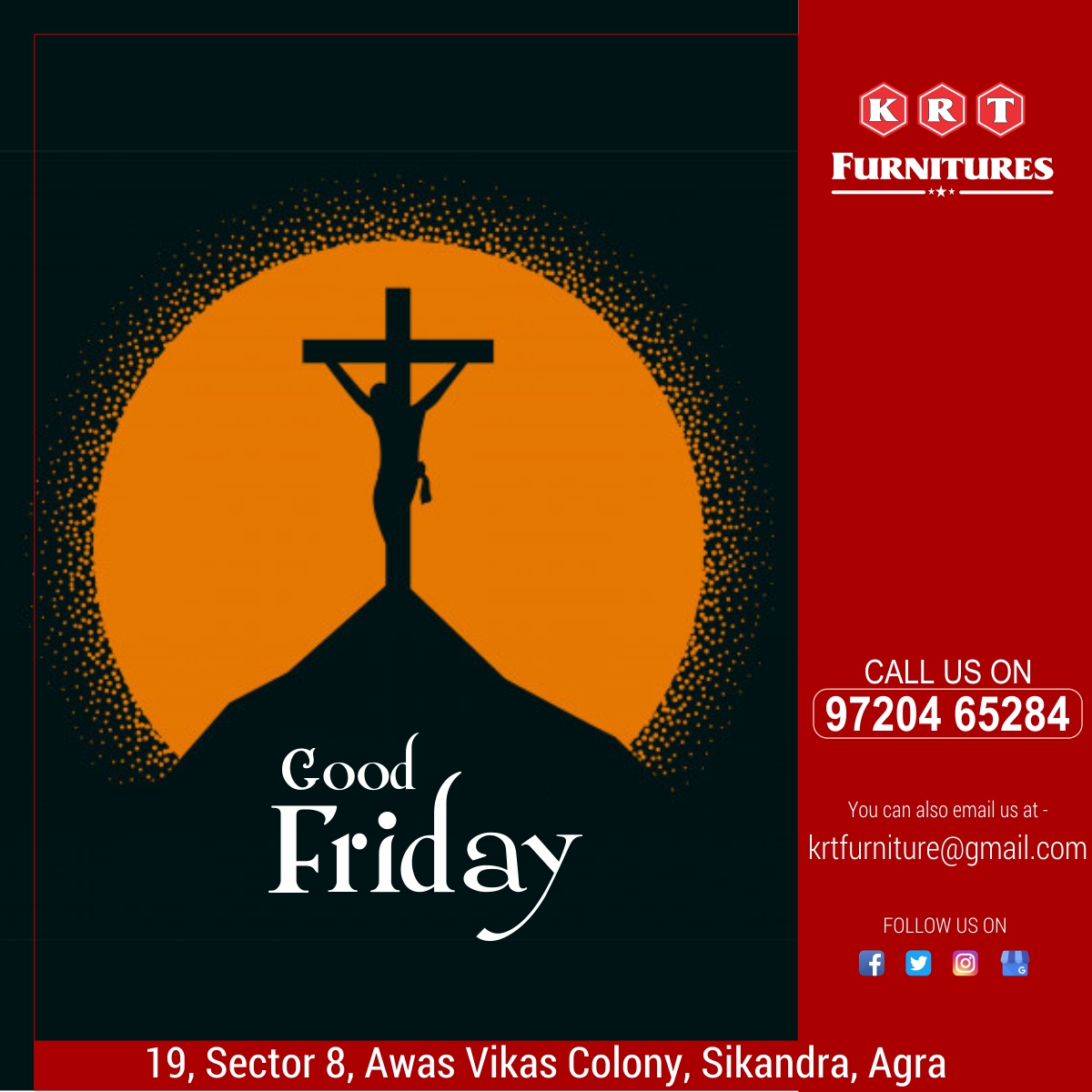 FurnitureKrt's tweet photo. Good Friday

Please contact us more information : 
+91 97204 65284
krtfurniture@gmail.com
19, Sector 8, Awas Vikash Colony Agra.
KRT Furnitures 
ShopAllYouWant !

#rukmanialmirah #modernalmirah #SteelAlmirah #woodenalmirah  #krtfurniture #bevocalforlocal #shopallyouwant https://t.co/mKDDAJQvnu