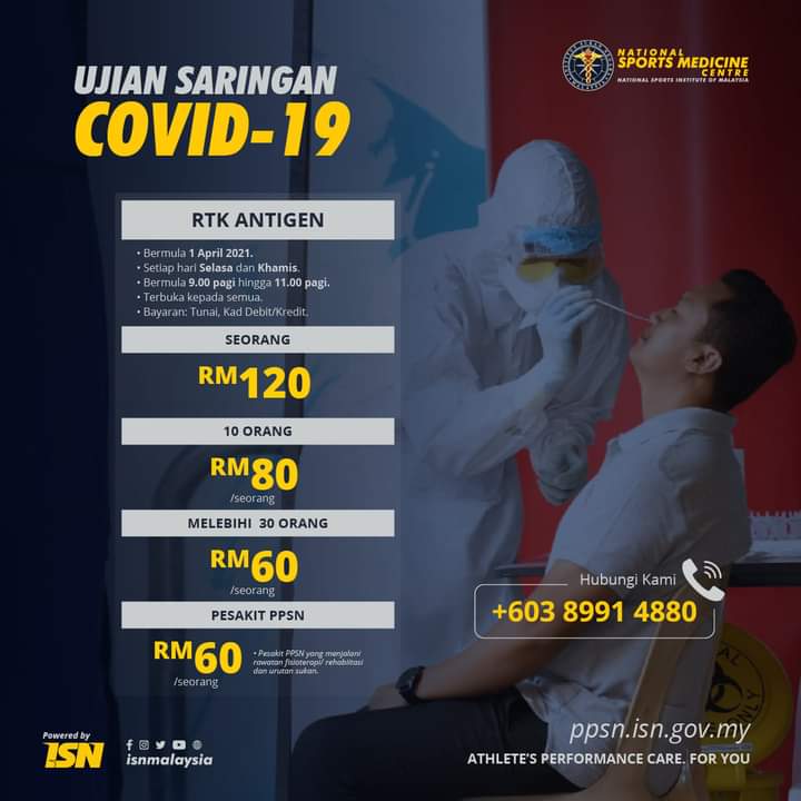 jbskualalumpur's tweet image. Khabar baik! Pusat Perubatan Sukan Negara kini menawarkan perkhidmatan Ujian Saringan #COVID19 bermula 1 April 2021.

 (Setiap hari Selasa dan Khamis sahaja.)

Hubungi 03-8991 4880 untuk temujanji.

#TeamISN #PPSN #BukitJalil