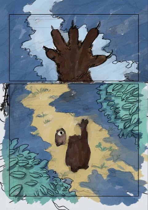 【根津カレーラッキー?個展4/3〜4/23】今回の展示作品は、作画の仕方を変えていて。線画(ペン入れ)を飛ばして、いきなり絵の具を原稿に塗る方法でやってます。
今の所良さそう、何だか楽しい。 