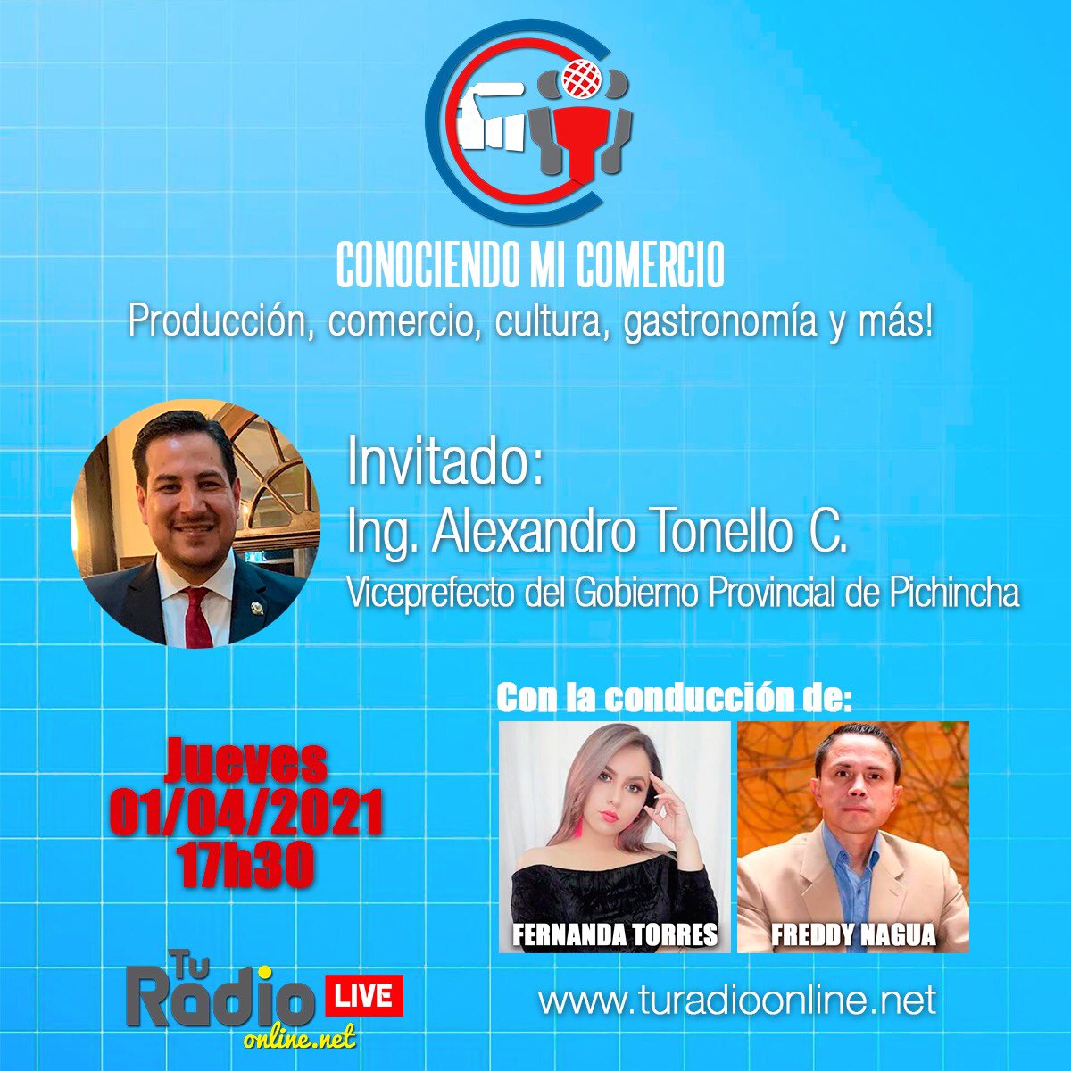 AlexTonello5's tweet photo. Acompáñame en pocos minutos en #ConociendoMiComercio, a través de la plataforma #TuRadioOnLine. Hablaremos sobre el plan de reactivación económica y productiva de nuestra provincia. Síguenos por https://t.co/qrzDOtxukK
#TonelloEnMedios https://t.co/4IolRySeqf