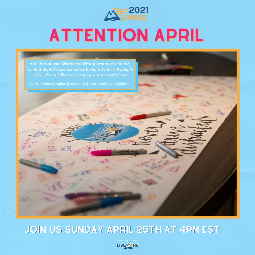 ColoradoSADD's tweet photo. In honor of #DistractedDrivingAwarenessMonth, check our Textless Live More #GetLiving Campaign.
It's called "Attention April!" What or who will you give your attention to this month?
#TextlessLiveMore #GetLiving2021 #SADDNation
#ATTENTION https://t.co/f4Zygnisht