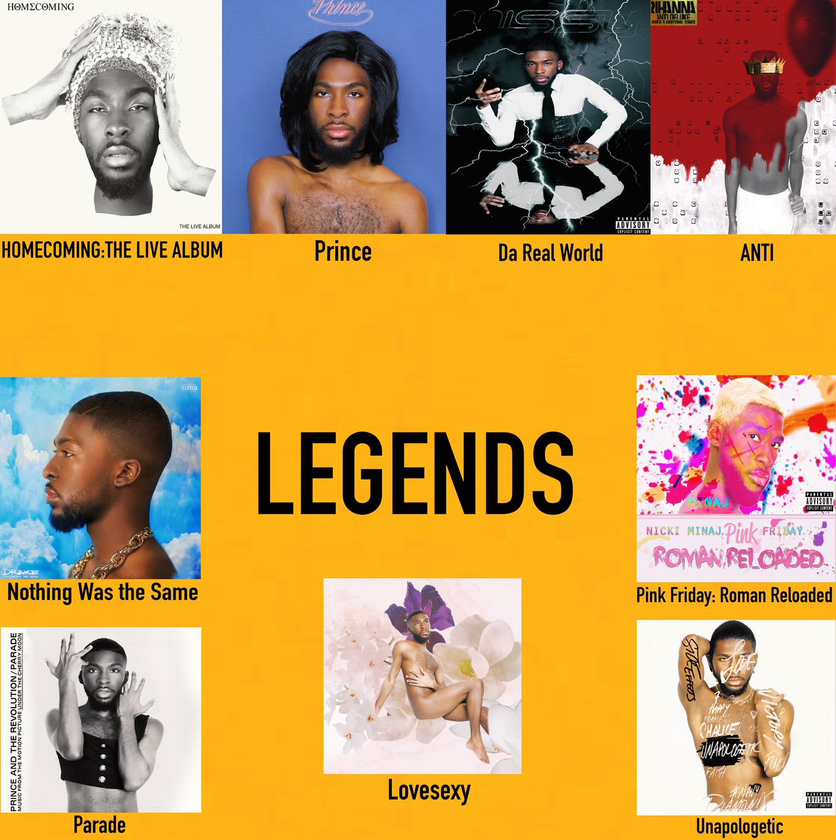 CobyMackkkk's tweet photo. Recreated 36 of my favorite album covers. All shot at home. My newest series: THE ALBUM ERA 💿 https://t.co/CEFZS8F9e9