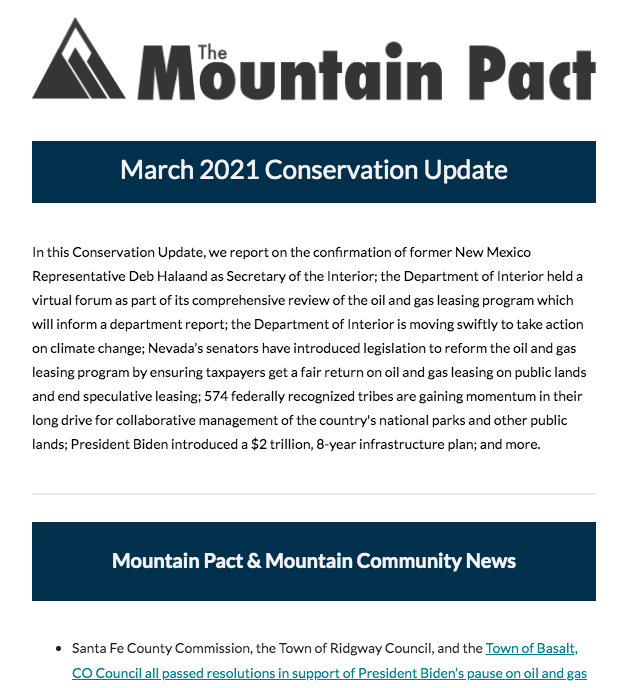 themountainpact's tweet photo. Check out @themountainpact's March 2021 Conservation Update with a recap of all of the federal policies &amp; actions that took place impacting #MountainTowns.

#publiclands, #OilandGas, #debforinterior, #Protect30x30, #COREAct, #ClimateCrisis, #MountainPact https://t.co/549YVUmg37 https://t.co/MKNwD2KUEv