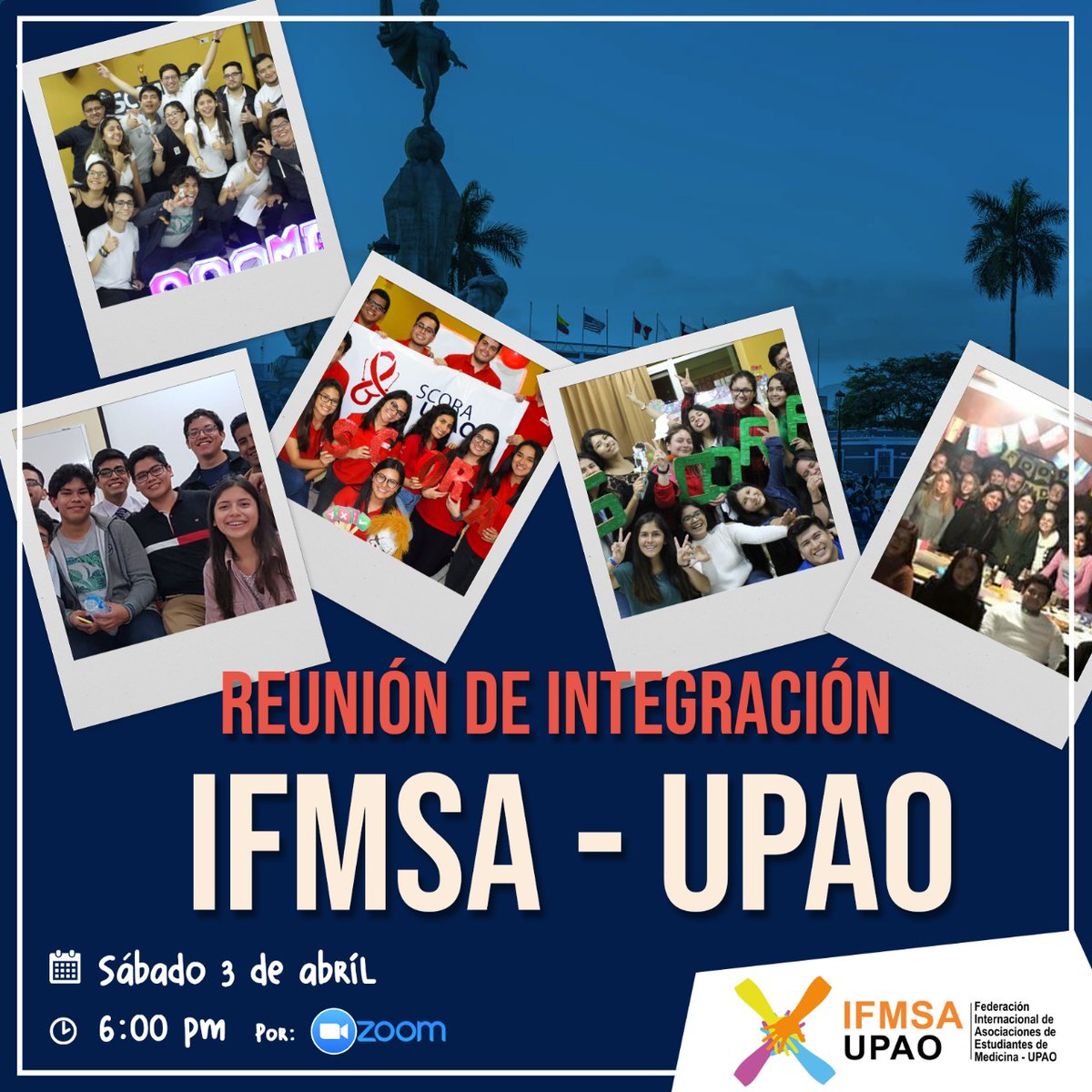 IFMSAUpao's tweet photo. Estimados IFMSA lovers y público en general.

Esperemos que se encuentren muy bien. Continuando con las actividades previas al ciclo 2021-1.
Les traemos la reunión de integración:

 I Reunión de confraternización (SOLO IFMSA-UPAO)

Que estará a cargo de…
https://t.co/sRsXv7gaB1 https://t.co/rjcRPXUq9i