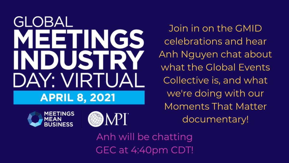 GlobalEventsCol's tweet photo. Who else feels like GMID 2020 was yesterday?
Anh will be chatting all things GEC at 4:40 PM CDT with @MPI next Thursday!
#eventprofs #eventproud #meetingprofs #gmid #gmid21 #eventplanners https://t.co/L0mz0u20yL