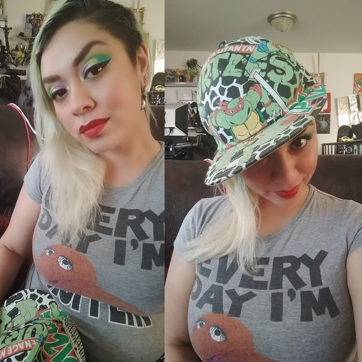 Rushzilla's tweet photo. It's Magic Hour and I did my eyeshadow and lips based on the Teenaged Mutant Ninja Turtles hat and I'm pretty happy with the look haha
#makeup #teenagemutantninjaturtles #eyeshadow #lipstick #inspo #inspomakeup #tmnt #fuckturtles https://t.co/O9aUJEvjmt