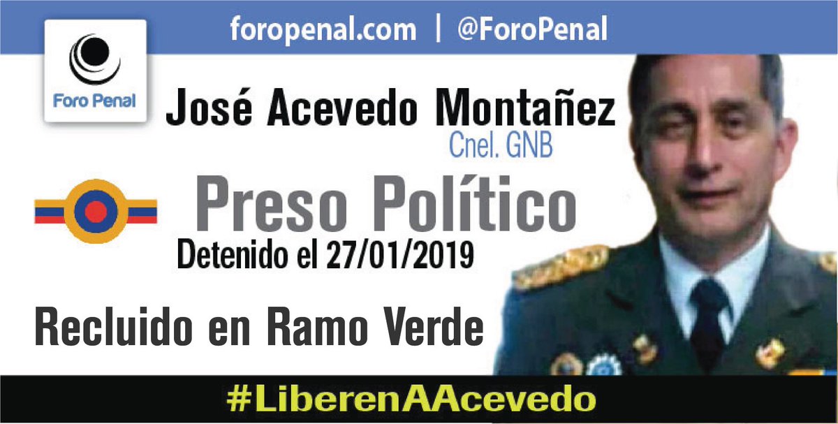 ForoPenal's tweet photo. José Rommel Acevedo Montañez es un militar de 58 años y preso político detenido el 27 de enero de 2019 por funcionarios de la DGCIM mientras transitaba en su vehículo por la comunidad Apartadero en el estado Cojedes.
#LiberenAAcevedo https://t.co/W1bmVYf3Wk