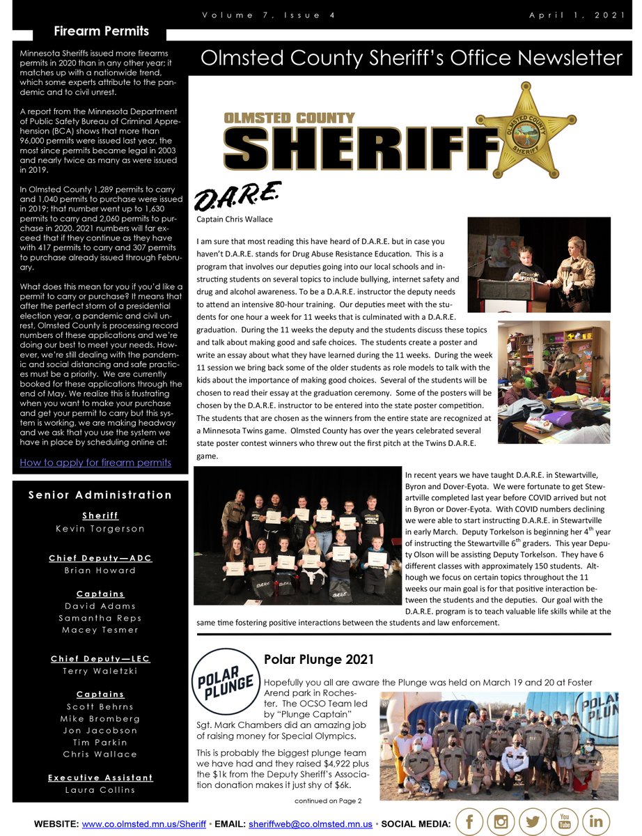 April is here and warmer weather is on the way! Check out the April 2021 edition of the Olmsted County Sheriff's Office Newsletter. Firearm Permits, DARE, and more.

VIEW ONLINE: https://t.co/ei3feBMl6J

#OlmstedCounty #Minnesota https://t.co/VqUnkd4L0C