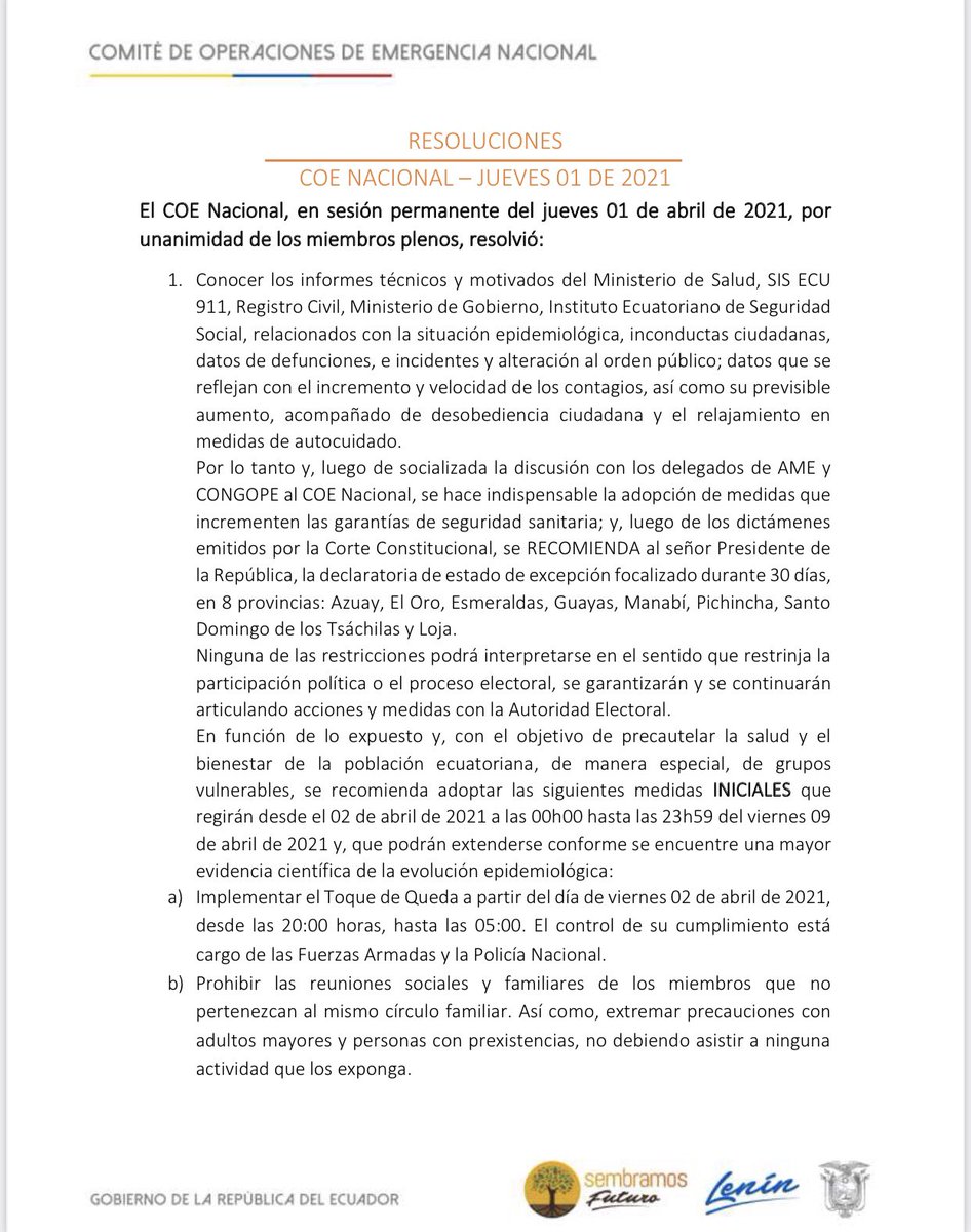 ECU911_'s tweet photo. [ATENCIÓN] Compartimos las resoluciones del #COENacional del 1 de abril de 2021 ⤵️ https://t.co/I8vfpRyzDl