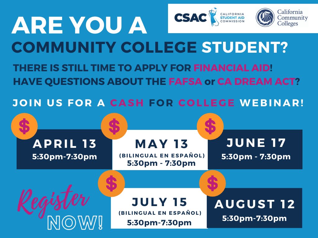 castudentaid's tweet photo. Are you a @CalCommColleges student? It’s NOT TOO LATE to apply for free #FinAid​​​​​ at https://t.co/IaCxenE0ij

Do you or your parents need help filling out the #FAFSA​​​​​ or #CADreamActApplication​​​​​? Sign up for a free #CashForCollege webinar at https://t.co/LQj1TwVvEf https://t.co/NYeMn89rE7