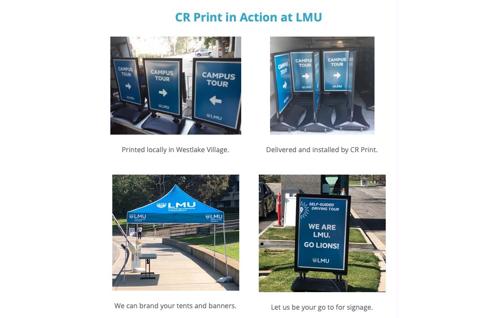 CRPrint's tweet photo. As we reopen  schools and businesses…CR Print Can help! CR Print in Action at LMU.
 https://t.co/T54YuVfcrx https://t.co/Wgbe8DTJv5