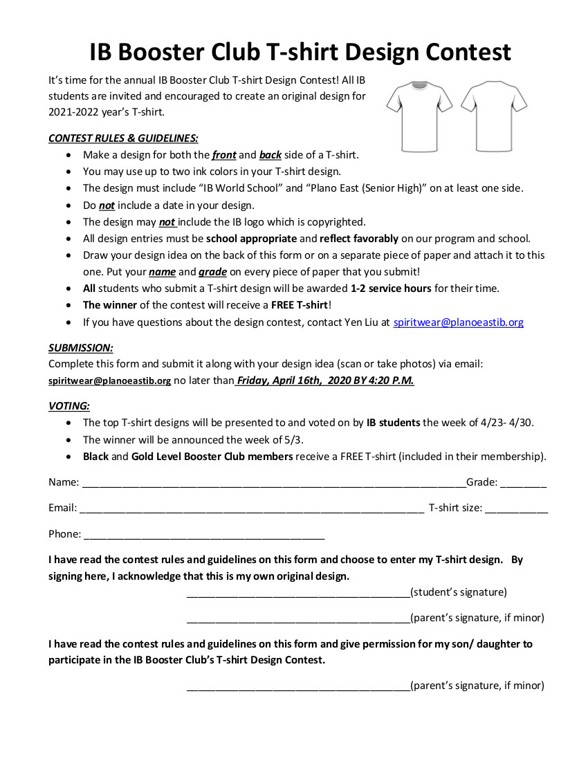 The deadline for turning in your T-shirt Design for the competition is April 16
