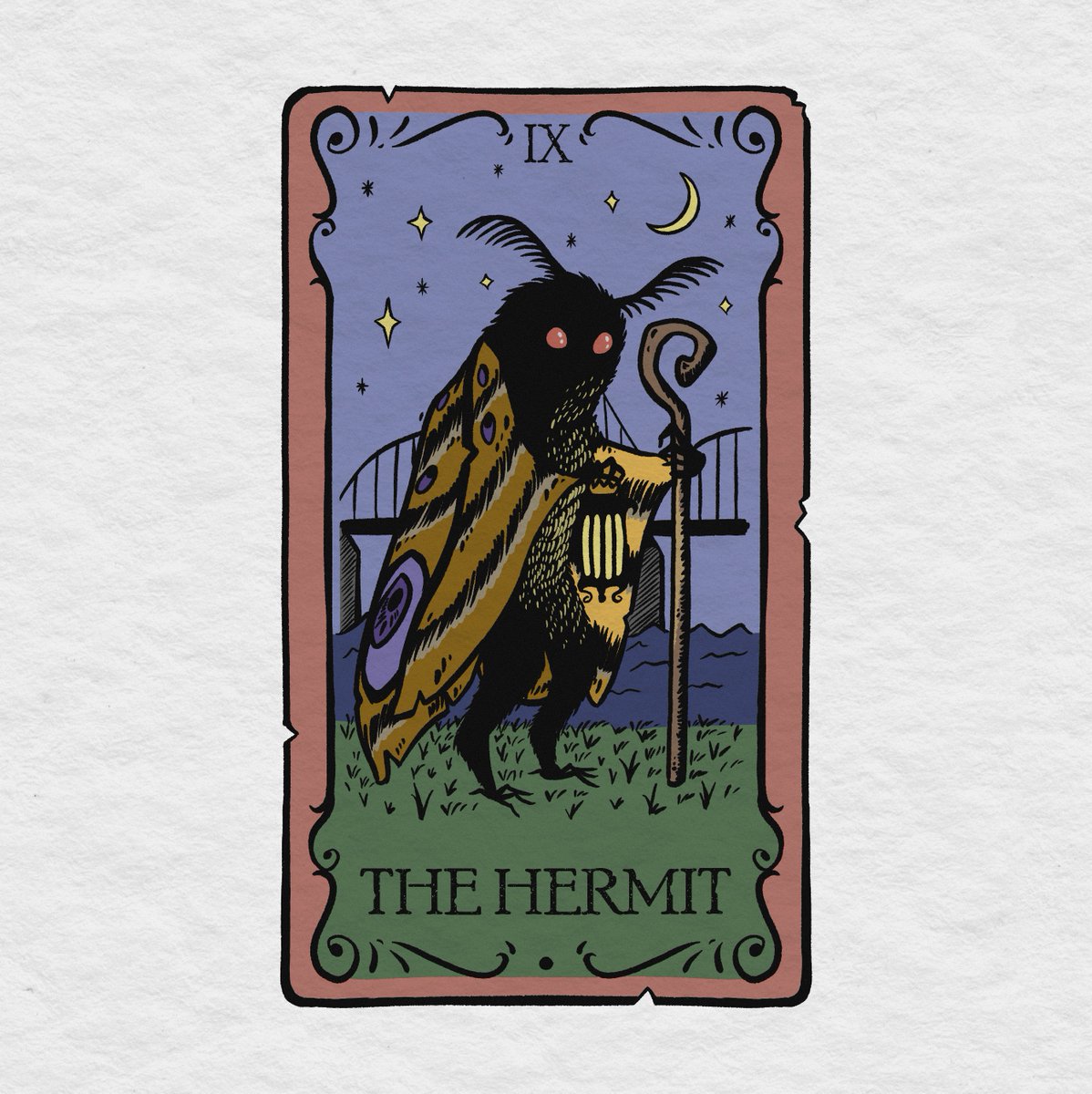 Mothman tarot commission for <a href="/soulmatesbts/">tanner⁷</a>, linework and colored! had a lot of fun with this one too