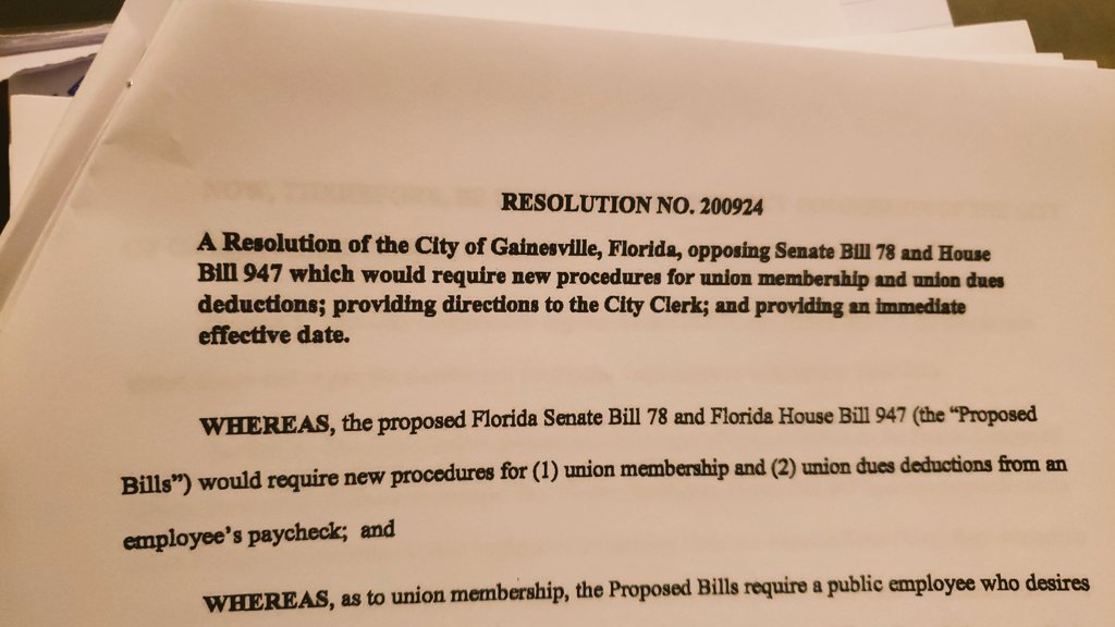 JeremiahTatter's tweet photo. And a little something else to top off the night. An official @GainesvilleGov resolution and letter to the #AlachuaCounty delegation opposing the anti-#union #SB78/#HB947. #flunion #1u @KeithPerryFL @ChuckClemons21
@YvonneHinsonFL https://t.co/WaIgwbD2gF https://t.co/9yJLoQHsRP