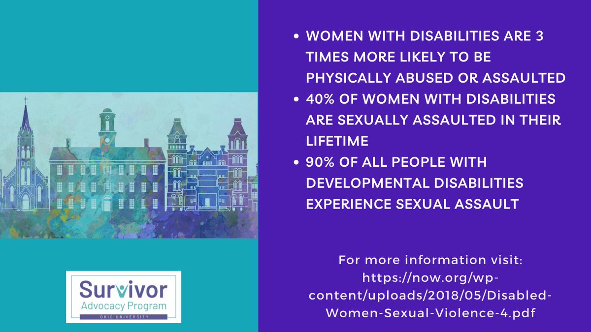 -Women with disabilities are 3 times more likely to be physically abused or assaulted 
-40% of women with disabilities are sexually assaulted in their lifetime 
-90% of all people with developmental disabilities experience sexual assault (1/2)