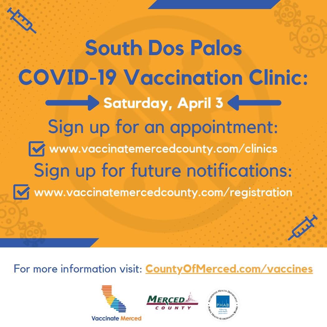 MercedCounty's tweet photo. Merced County has COVID-19 vaccination appointments available at its South Dos Palos clinic this Saturday, and there is still time to register at https://t.co/cGavPnYK29! 

#MercedCountyPublicHealth https://t.co/XyETjRUxD8