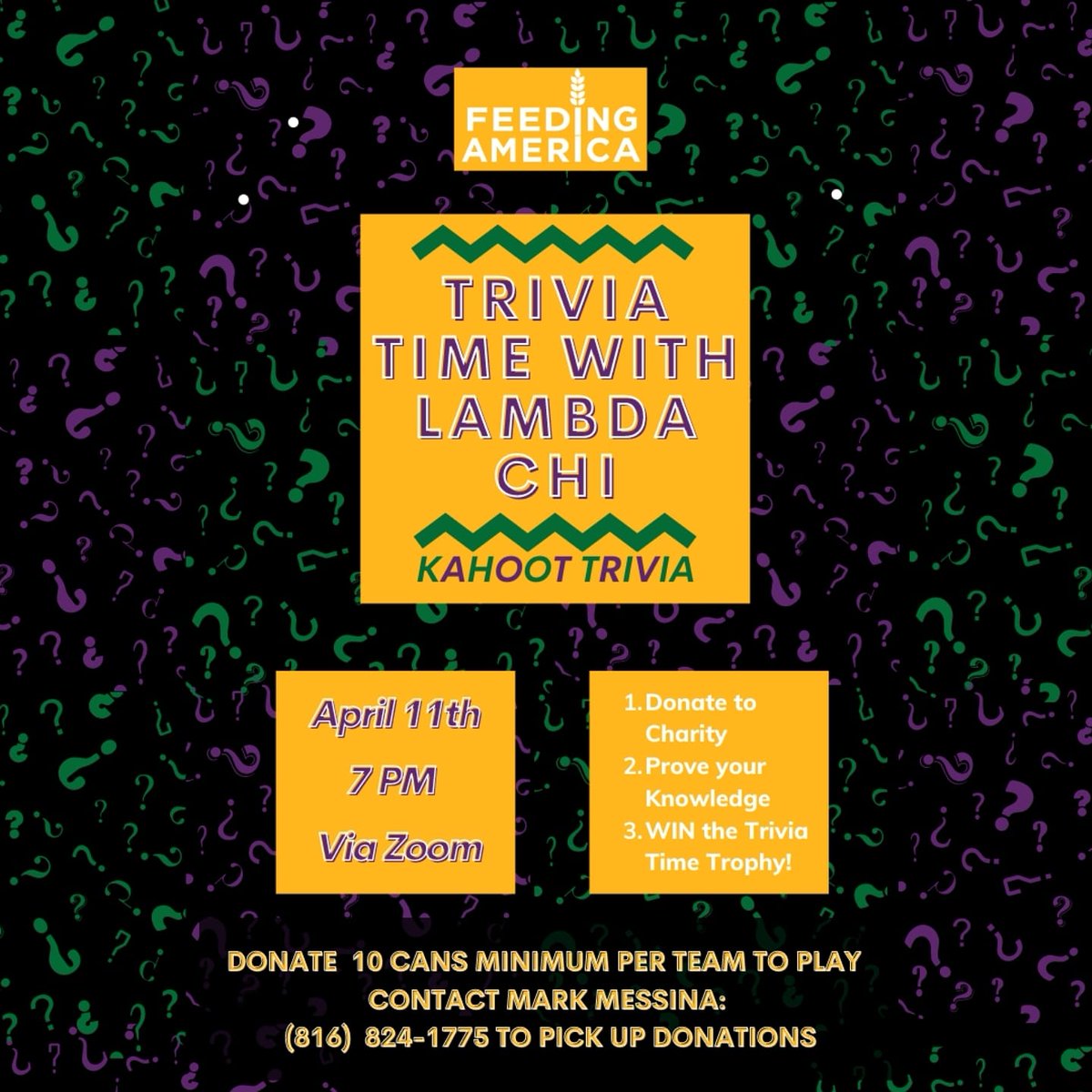 🛑Trivia time with Lambda Chi🛑
Compete to win the trivia time trophy and support Feeding America.
Sign up here starting now forms.gle/TWAnJe9isNaGcX…