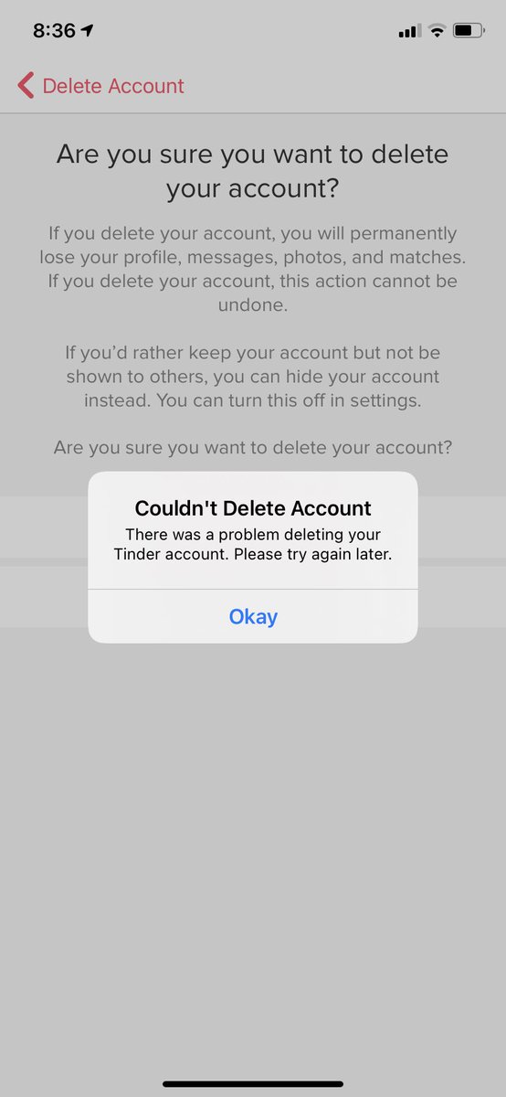 typicalcam's tweet photo. @TinderSupport sos!! I’m trying to delete my account to start fresh but I keep getting this message! Please help🥺 https://t.co/PZinLie92y