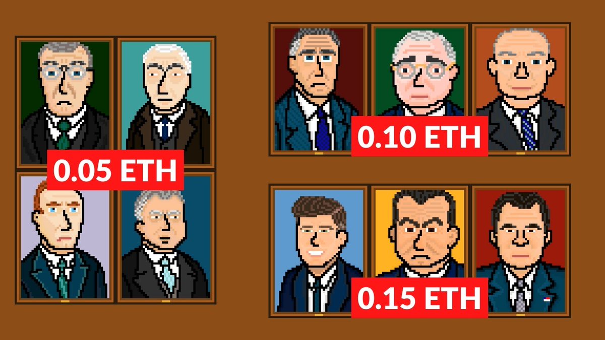 bitpresidents's tweet photo. To make things interesting, we've dropped the prices on the 10 oldest BitPresidents to 0.15 $ETH or less with 4 at 0.05! Check them all out here: https://t.co/bR3QnvtjWE #NFT #NFTs #NFTcollectibles #nftcollector #pixelart #nftart #NFTdrop https://t.co/eTHG3eq7by