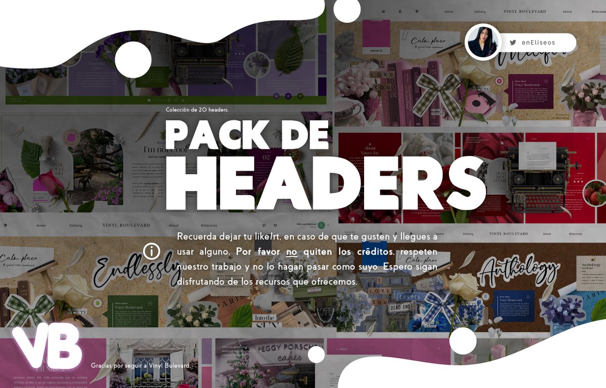 VinylBoulevard's tweet photo. ⠀⠀⠀⠀‹ ♡ ›  𝗥𝗲𝘀𝗼𝘂𝗿𝗰𝗲𝘀: Pack de Headers IX.
⠀⠀
⠀⠀⠀¡Holaaa! Esta vez les traigo algunos headers (y espero próximamente traerles más en este estilo) ojalá les gusten y recuerden dejar su like si los descargan. 💜

Link: https://t.co/lqcjQx9U6o https://t.co/wFxreLYGZ1