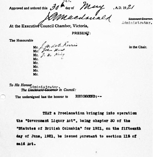 DramArchivist's tweet photo. The “Government Liquor Act”, as it was better known, became law by Royal Assent on 2 Apr 1921 but would not be in effect until proclaimed; in late May the date was set as 15 Jun 1921. In the meantime, prohibition continued but preparations went ahead. #govrecords #liquorlawsbc https://t.co/IlZo2nM8ZL