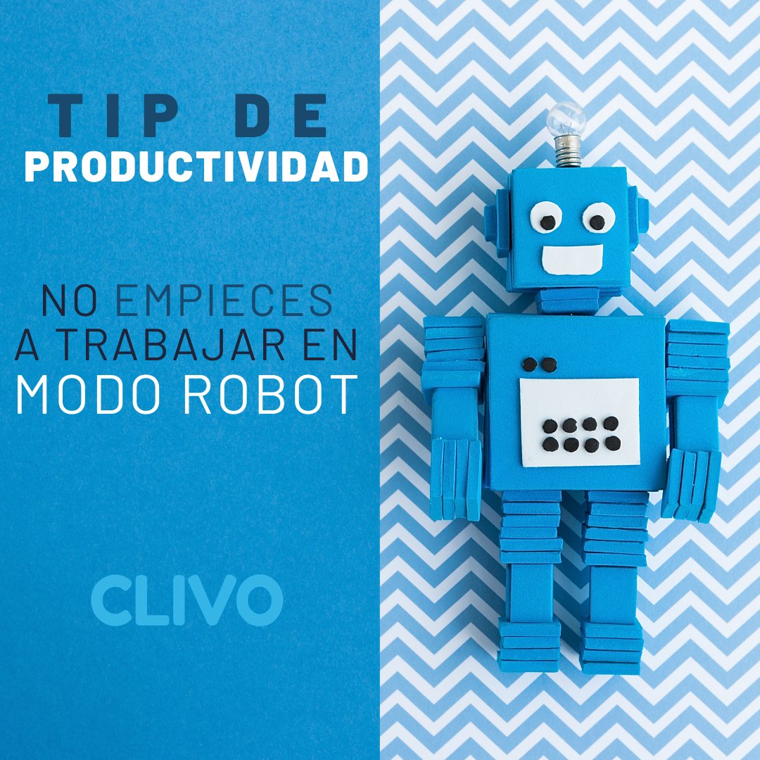 ClivoBot's tweet image. Cuando empieza la jornada de trabajo, ya sea en #homeoffice o en oficina, date unos minutos para tranquilizarte del tráfico o de lo que te agobia al iniciar el día. Haz respiraciones profundas, medita y conecta. No empieces a trabajar en #ModoRobot, verás la diferencia.