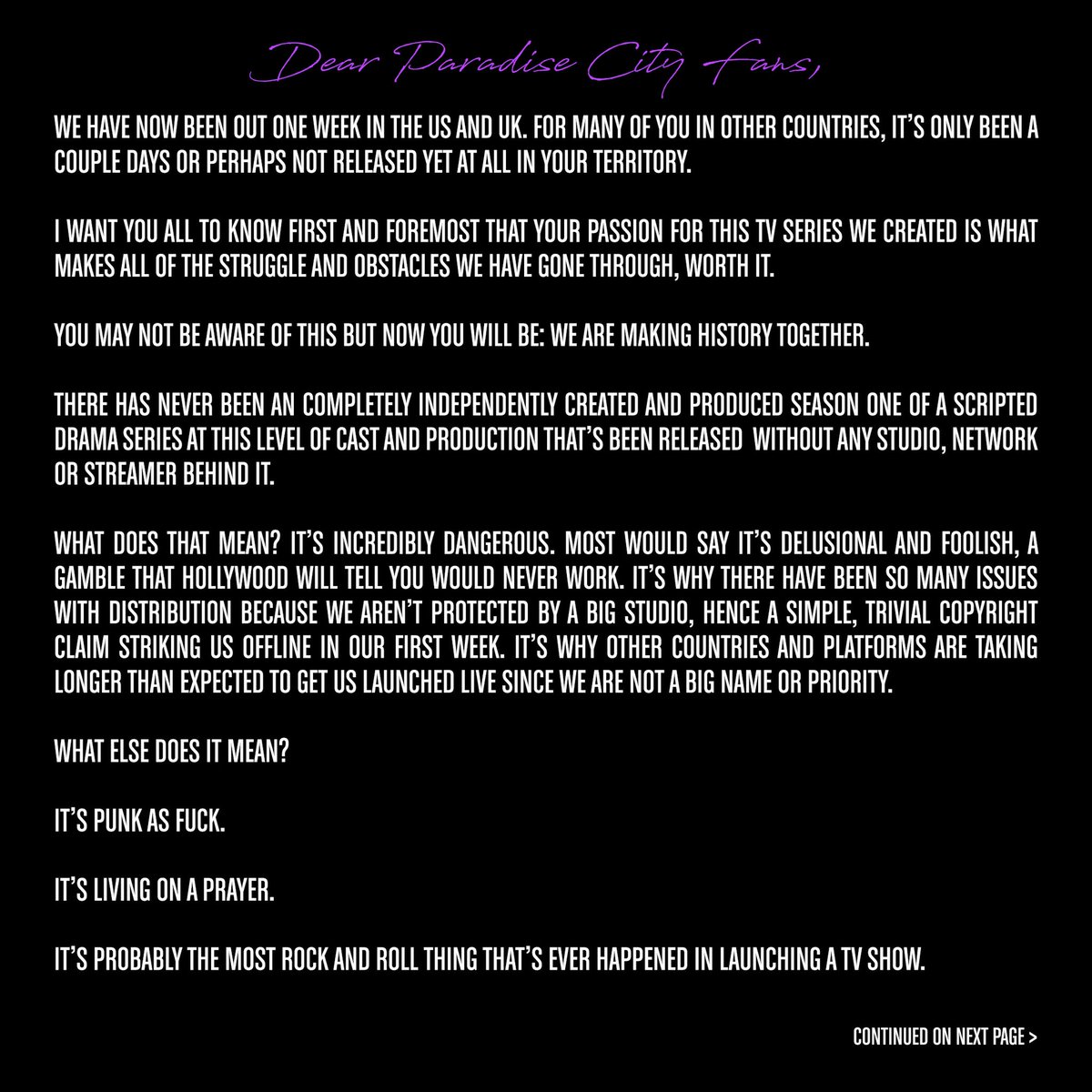 paradisecitytv's tweet photo. official statement from series creator/director @ashavildsen https://t.co/zKySrlxSTx