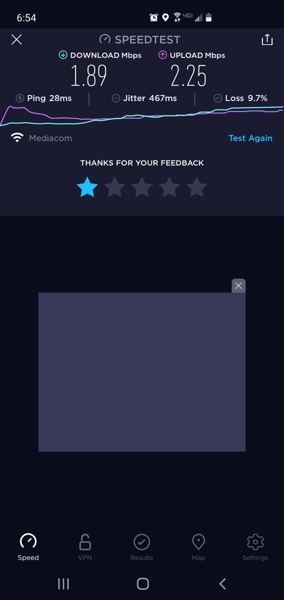 KenHogue's tweet photo. @MediacomSupport very below average internet speed. We pay you for much higher than this. This is a frequent issue. Fix it please. https://t.co/v5sbV0E6qj