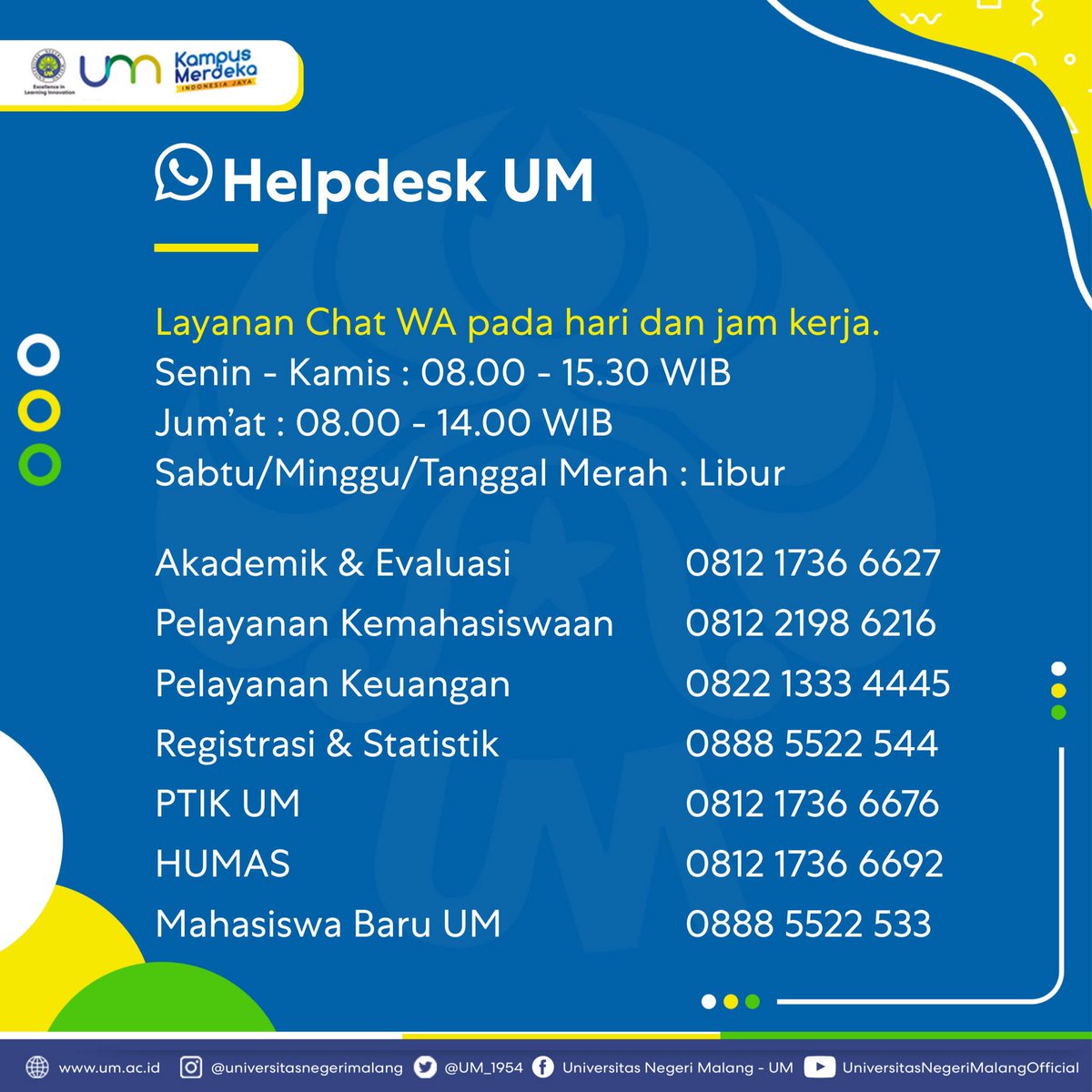 UM_1954's tweet photo. Halo #SobatUM 👋🏻
.
Yuk, simak informasi penting bagi #CivitasUM maupun #CamabaUM mengenai akun media sosial, website, serta helpdesk resmi Universitas Negeri Malang (UM) pada postingan di atas, supaya terhindar dari informasi palsu atau HOAX yang mengatasnamakan UM.☺️ https://t.co/bYflPfVxY5