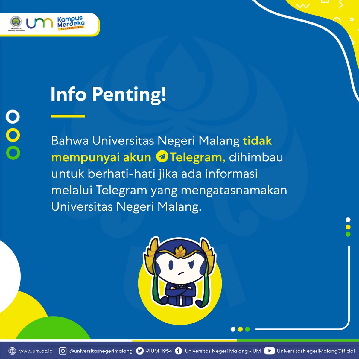 Halo #SobatUM 👋🏻
.
Yuk, simak informasi penting bagi #CivitasUM maupun #CamabaUM mengenai akun media sosial, website, serta helpdesk resmi Universitas Negeri Malang (UM) pada postingan di atas, supaya terhindar dari informasi palsu atau HOAX yang mengatasnamakan UM.☺️