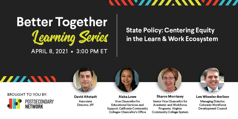 JoelVargasJFF's tweet photo. Don't miss this #StatePolicy discussion next week (4/8) about forging alignment across the learn & work ecosystem to help people rebound and advance in the rapidly changing economy. Sign up >> https://t.co/hDcQzGelm5 #BuildwithJFF #WkDev @CalCommColleges @VCCS_SO @the_cwdc https://t.co/Tj4a612N2M