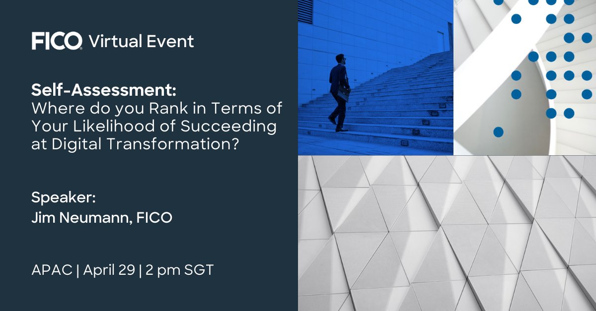 In this session with @FICO's Jim Neumann, attendees can take a self-assessment, learn where they rank among their peer companies, &amp; what areas they need to examine to optimize their own transformation effort. Register today! bit.ly/3rEl67X
#optimisation #SuccessRealized