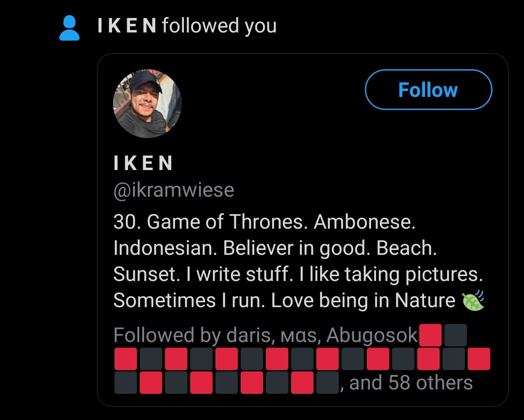 RNAgungTri's tweet photo. Terharu di follow runner selebtwit, Mas Iken @ikramwiese 🥲 https://t.co/fDSd9Mz9RE